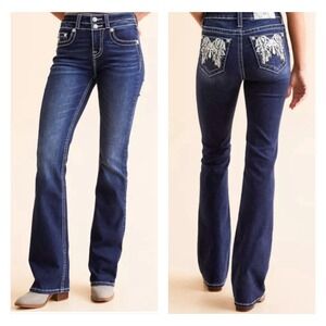 Miss Me Boot Cut Angel Wings Jeans 24 Cross Pockets Rhinestones Rodeo Dark Wash